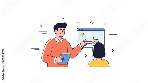 Male instructor guiding female student in digital interface learning