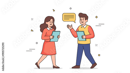 Cartoon illustration of professional interaction between two young adults with tablets