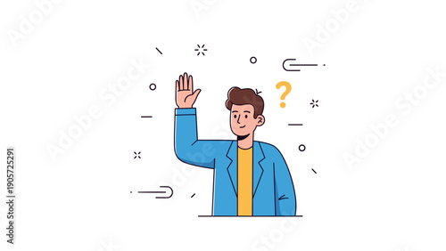 Illustration of a young caucasian male in blue blazer raising hand