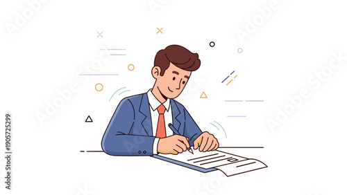 Young caucasian male in business suit signing document clipart illustration