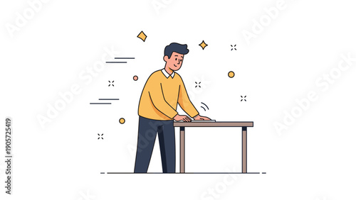 Young hispanic male writing at desk in yellow sweater with simple line art style