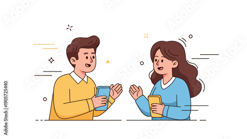 Cartoon conversation: smiling young caucasian couple chatting with smartphones
