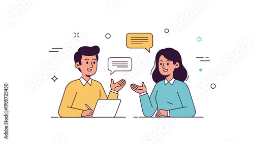 Cartoon illustration of two young adults discussing ideas with speech bubbles