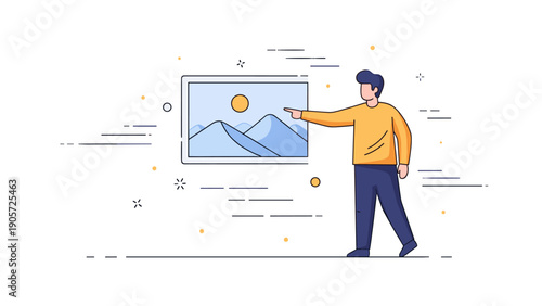 Illustrated male character viewing mountain art in a gallery setting