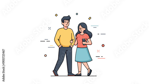 Young caucasian couple walking happily together holding phone