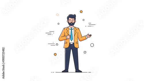 Cartoon young caucasian male teacher in orange jacket presenting with gestures