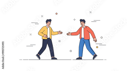 Two young caucasian males greeting each other with handshakes in cartoon style