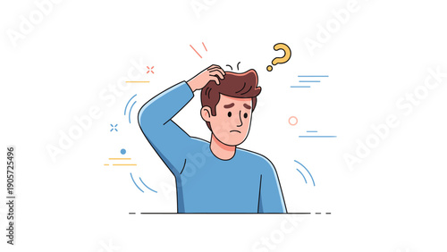 Confused young male cartoon character with question mark overhead