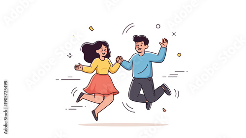 Joyful young caucasian couple jumping together in cheerful cartoon style