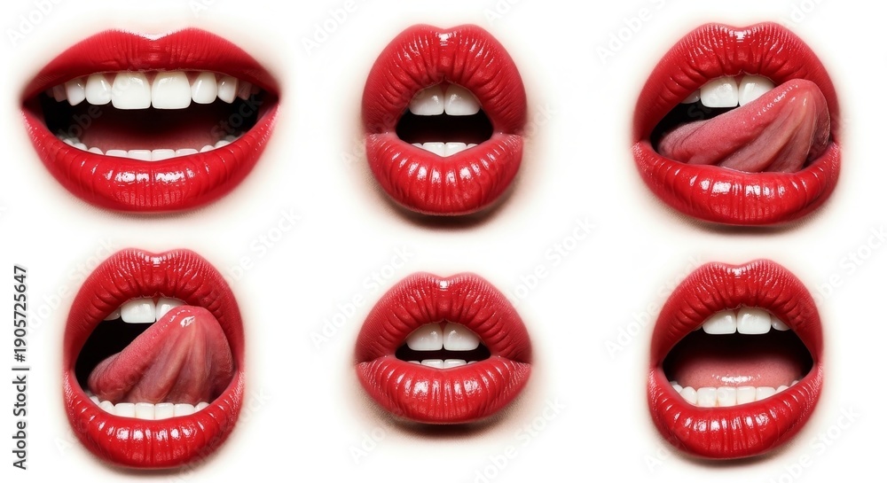 Obraz premium Six red lips with various expressions, open mouths, and tongues, glossy texture, isolated on white
