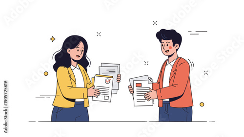 Young asian female and male exchanging documents in a collaborative office setting