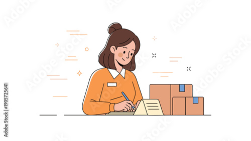 Young caucasian female writing notes at desk with packages in modern workspace