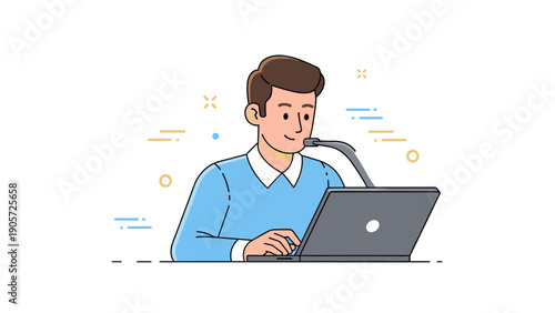 Young adult caucasian male using laptop microphone: podcasting or online communication concept