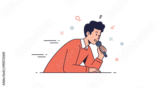Young male speaking into microphone with surprised expression in animated style