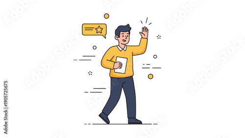 Smiling caucasian male character waving hand and holding document in casual attire