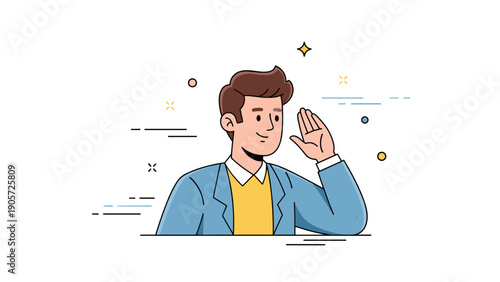 Cartoon man listening gesture with hand to ear