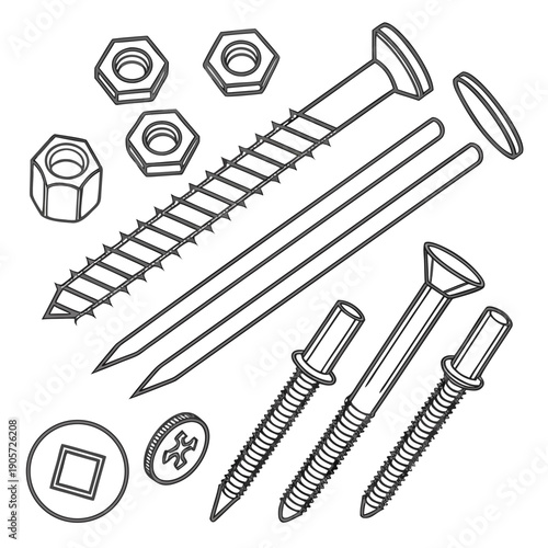 Hardware Tools Flat Lay: Organized Screws, Bolts, Nuts for Industry