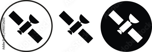 Three variations of a satellite icon, including black on white, standalone, and white on black circular designs.