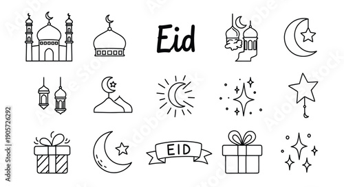 Islamic Ramadan and Eid Mubarak Line Art Icon Set for Religious Celebration