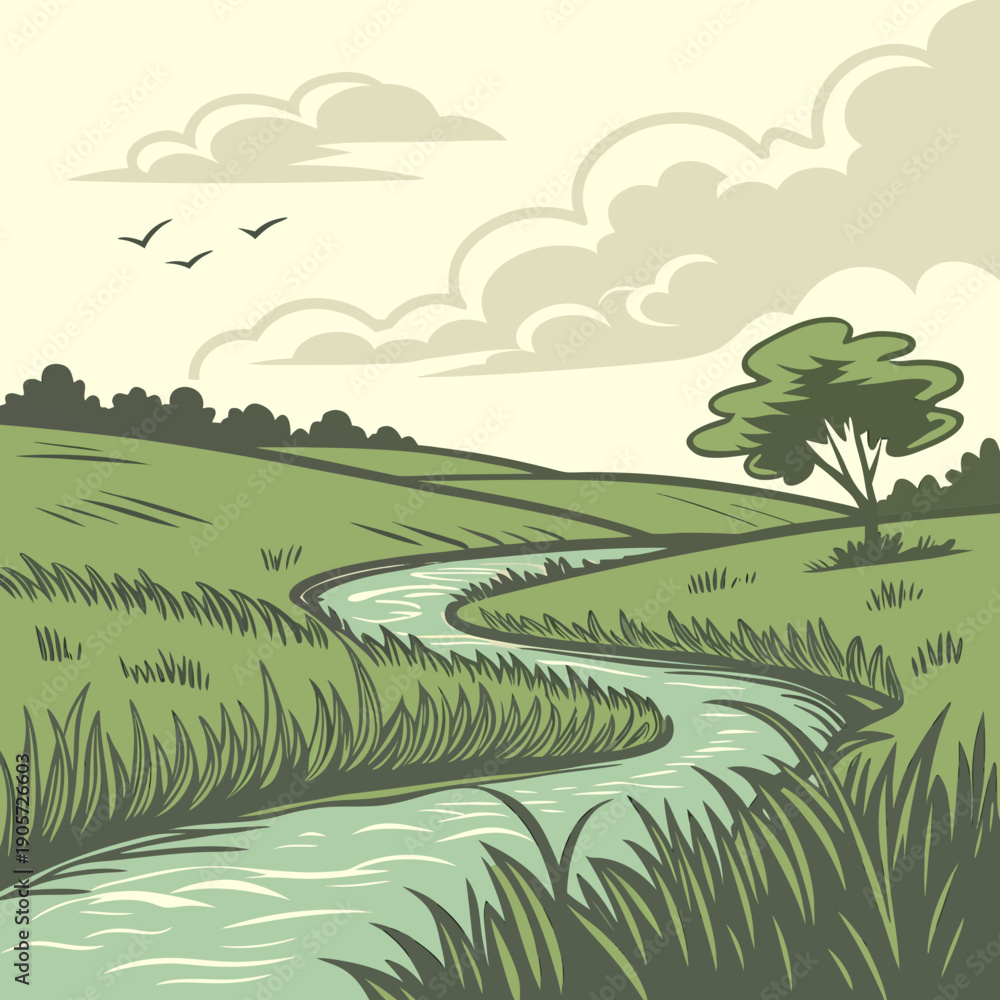 Fototapeta premium Small River Flowing through Lush Green Grassland Landscape