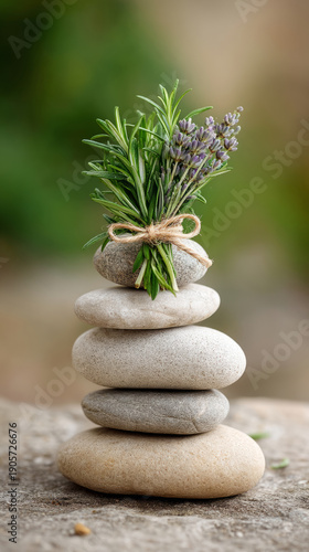 Tranquil stone altar with stacked pebbles and aromatic herbs for meditation space