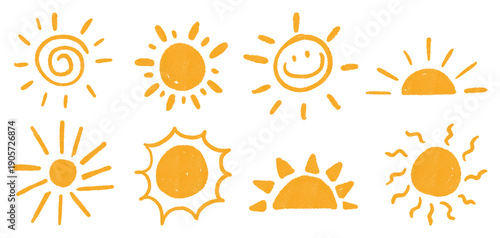 Tableau sur toile Hand-drawn yellow sun doodles with playful marker strokes and various cute sun i