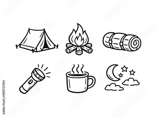 Set of hand-drawn camping icons including a tent, campfire, sleeping bag, flashlight, coffee mug, and night sky. Linear doodle style.