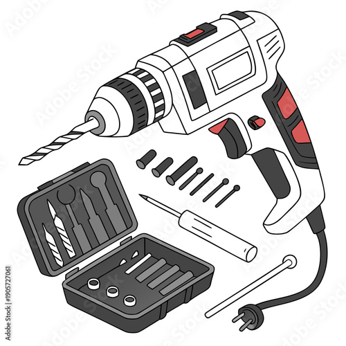 Electric Drill and Accessories Flat Lay in Clean Studio