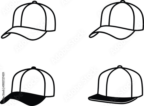 Baseball cap line icons set casual headwear hat fashion accessory vector collection isolated modern design styles