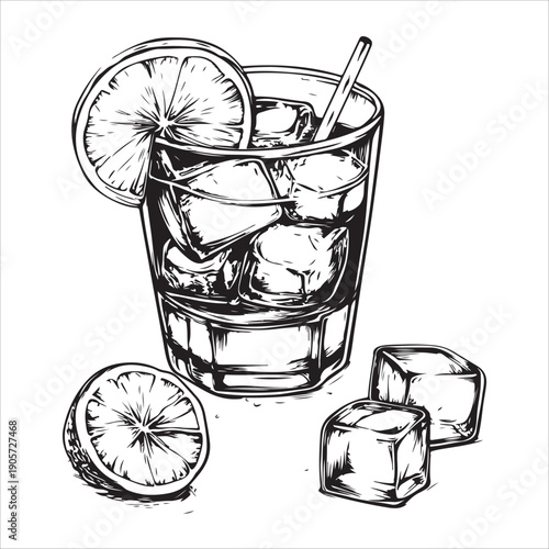 Alcoholic Cocktail Drink Sketch Illustration - Martini Alcohol Glass Wine Whiskey Mojito Margarita Vodka Ice Bar Cognac