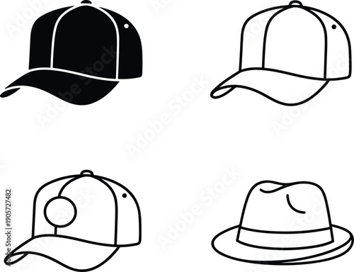 Baseball caps and classic hat icons set casual headwear fashion accessory vector collection isolated modern styles
