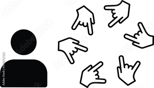 Blame accusation concept with anonymous person icon surrounded by pointing hands criticism judgment pressure vector illustration design