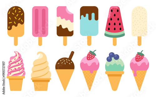 Assortment of colorful frozen treats including popsicles and ice cream cones dessert