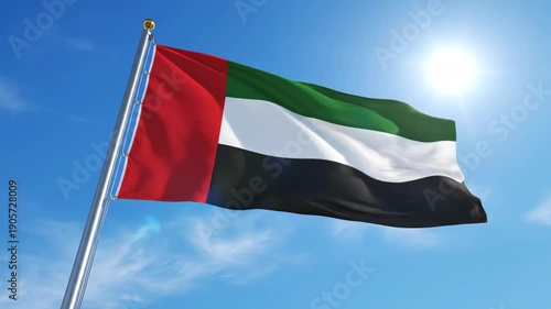 UAE flag gracefully flutters against a clear blue sky background, showcasing its patriotic colors