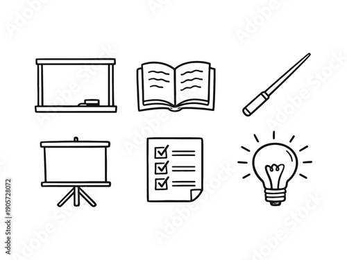A collection of hand-drawn education and learning icons, including a blackboard, open book, pointer, checklist, and light bulb idea symbol.