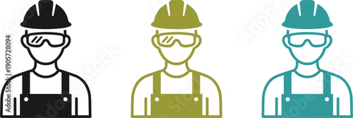 Construction worker avatar line icons set engineer safety helmet protective glasses industrial labor vector collection isolated