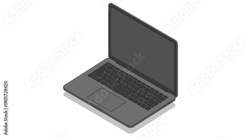 Isometric illustration of a modern dark grey laptop computer with a blank screen and visible keyboard and trackpad.
