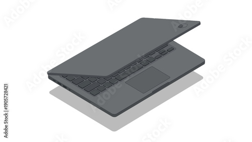 A sleek, modern dark gray laptop computer is shown from a slightly elevated angle, with its lid partially open to reveal the keyboard and trackpad.