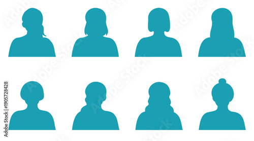 Female User Avatar Silhouette Vector Set, Woman Profile Icons in Flat Teal Style