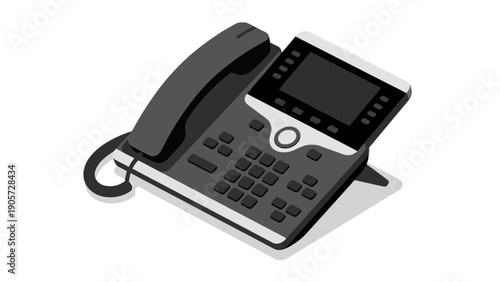A modern black and grey desk phone with a screen and numerous buttons, typically used in an office or business setting.