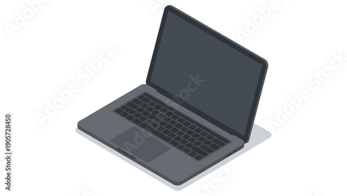 Isometric view of a modern, sleek laptop computer with a dark screen and keyboard, casting a subtle shadow on a white background.