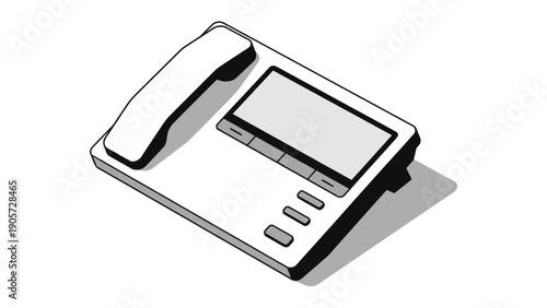 A black and white illustration of a modern office desk phone with a handset and a digital display.
