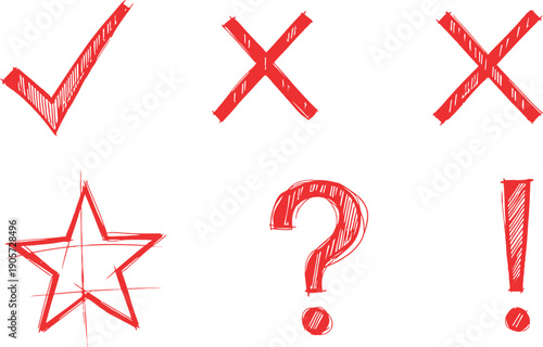 A set of five red hand drawn symbols on a white background