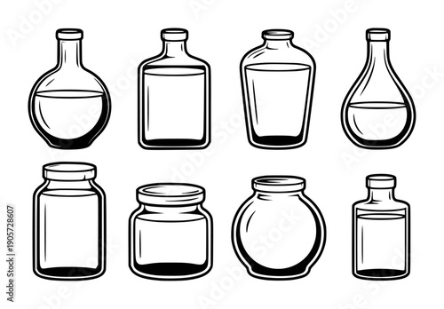 Collection of diverse glass bottles and jars in black and white outline a white background