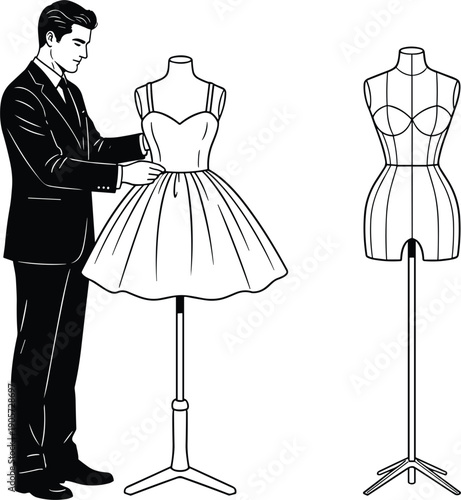 Fashion designer working with dress mannequin tailoring atelier clothing design process couture workshop vector illustration concept