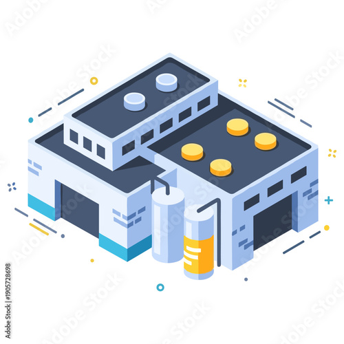Isometric factory building design with cylindrical tanks and geometric elements