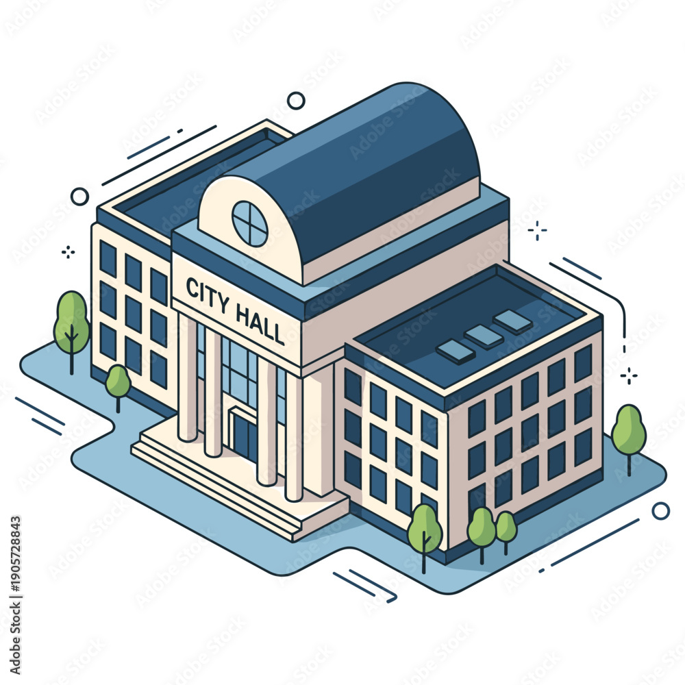 Naklejka premium Isometric illustration of a modern city hall building with greenery
