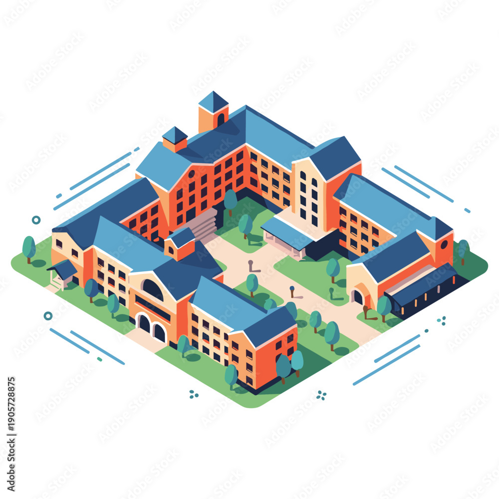 Obraz premium Isometric illustration of a university campus with red brick buildings and blue roofs