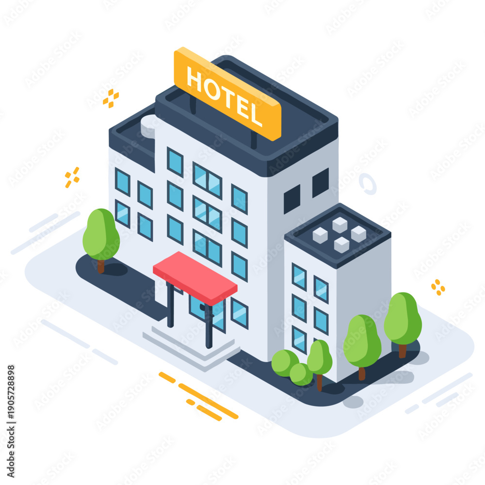 Obraz premium Isometric hotel building with trees and sign on white background