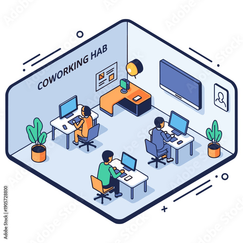 Modern coworking space with diverse young adults working on computers